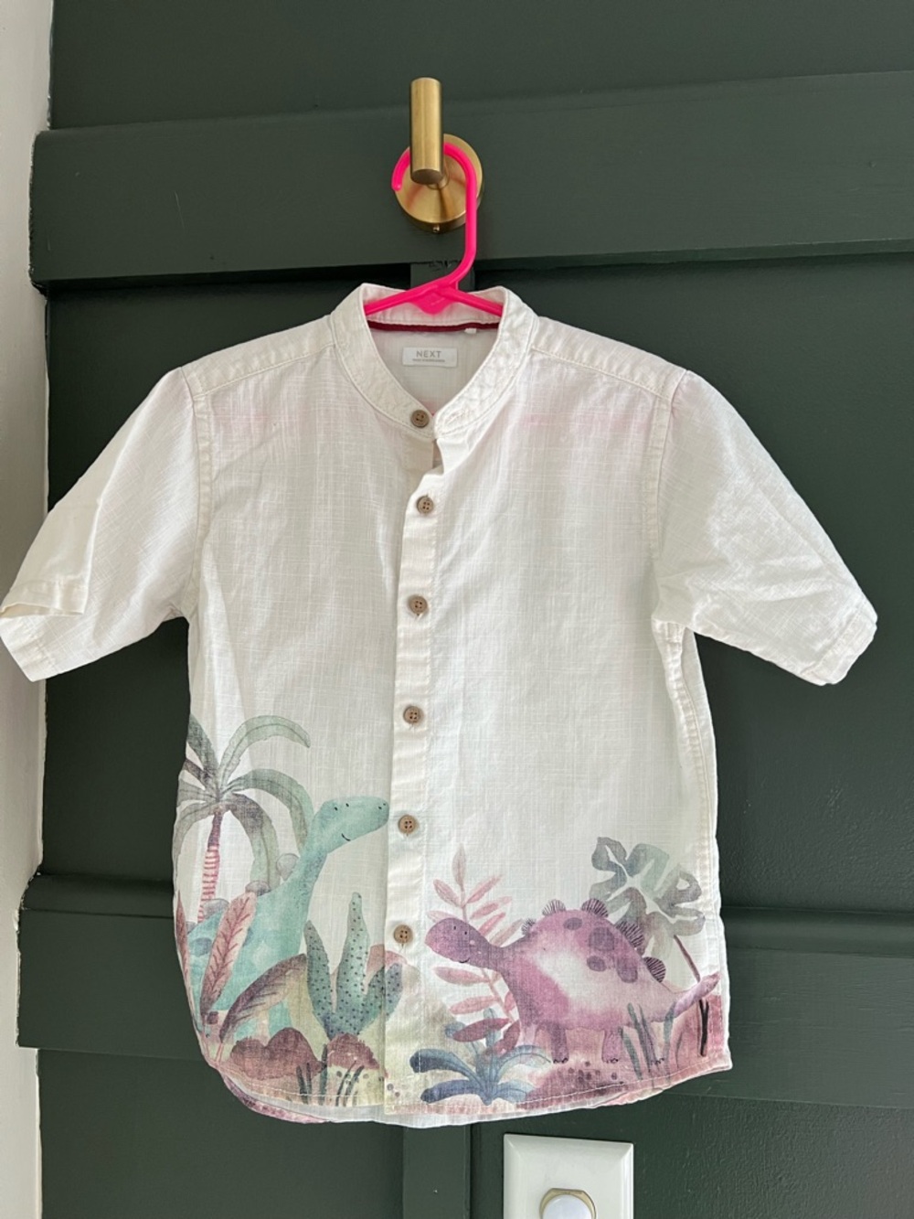 Next White Short-Sleeve Button-Up Shirt with Green & Purple Dino Print